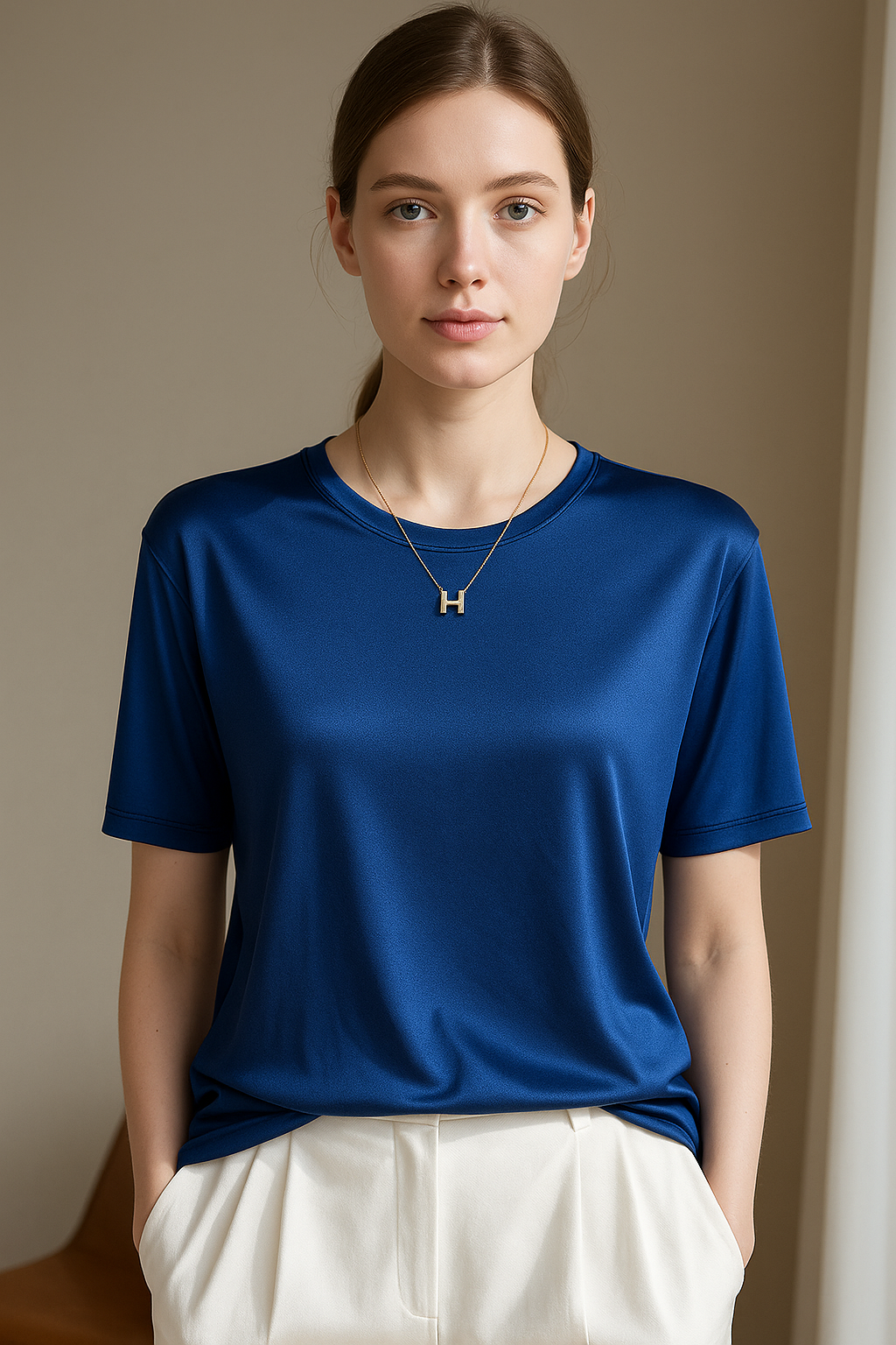 100 % ORGANIC MULBERRY SILK TRI-ACETATE WRINKLE FREE ROUND NECK TEE - ROYAL BLUE
