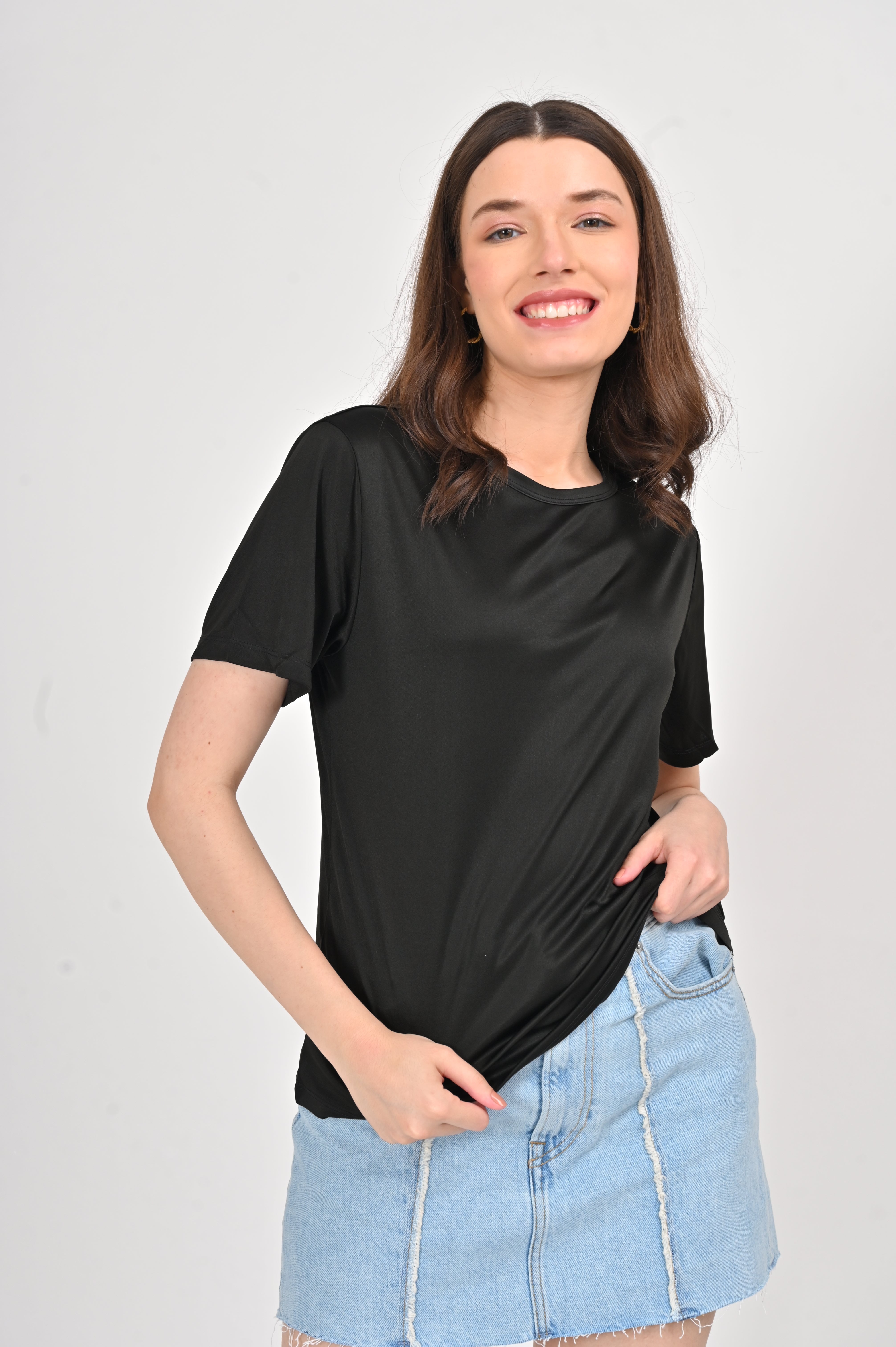 100 % ORGANIC MULBERRY SILK TRI-ACETATE WRINKLE FREE ROUND NECK TEE - BLACK