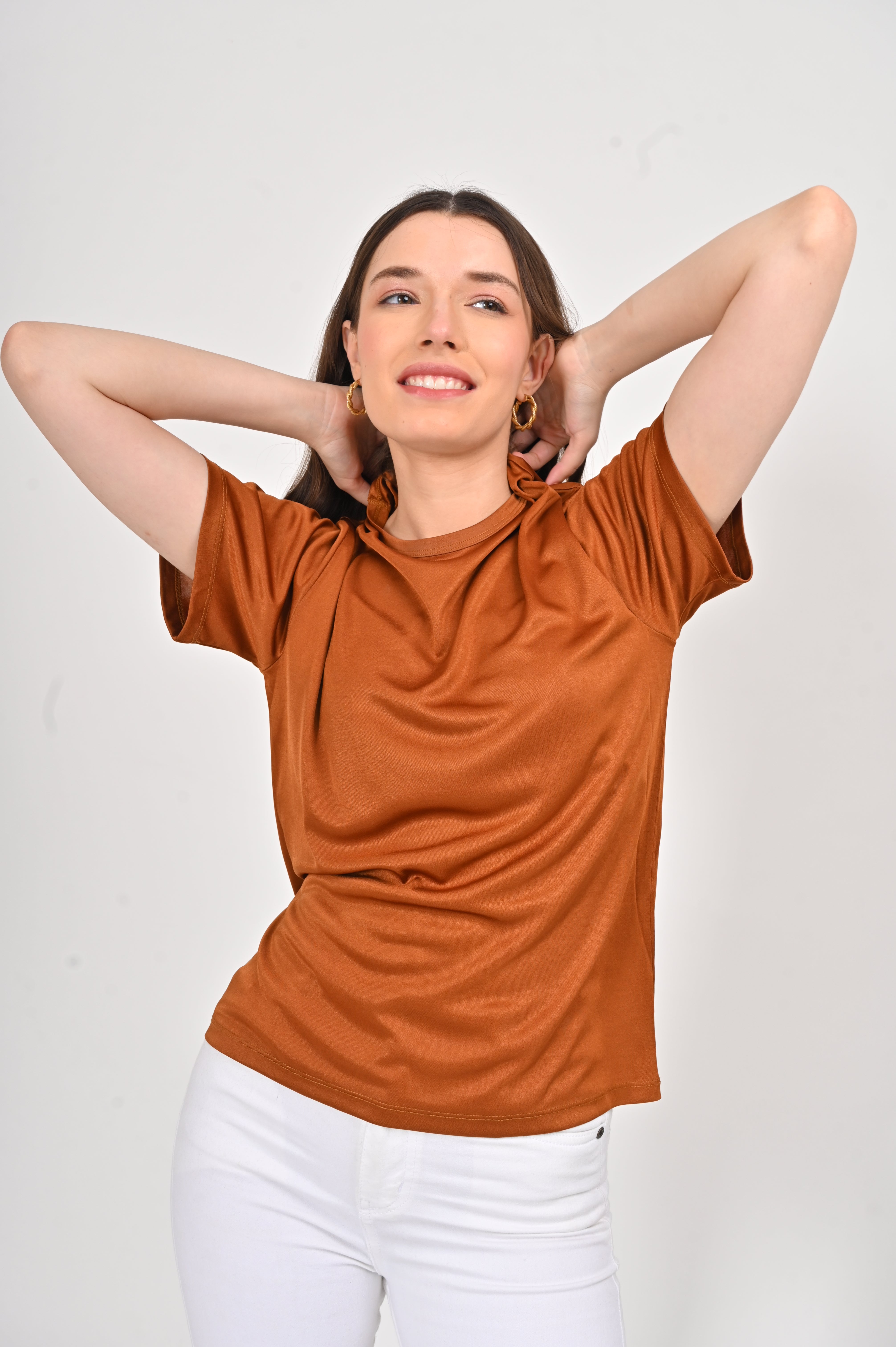 100 % ORGANIC MULBERRY SILK TRI-ACETATE WRINKLE FREE ROUND NECK TEE - CARAMEL BROWN