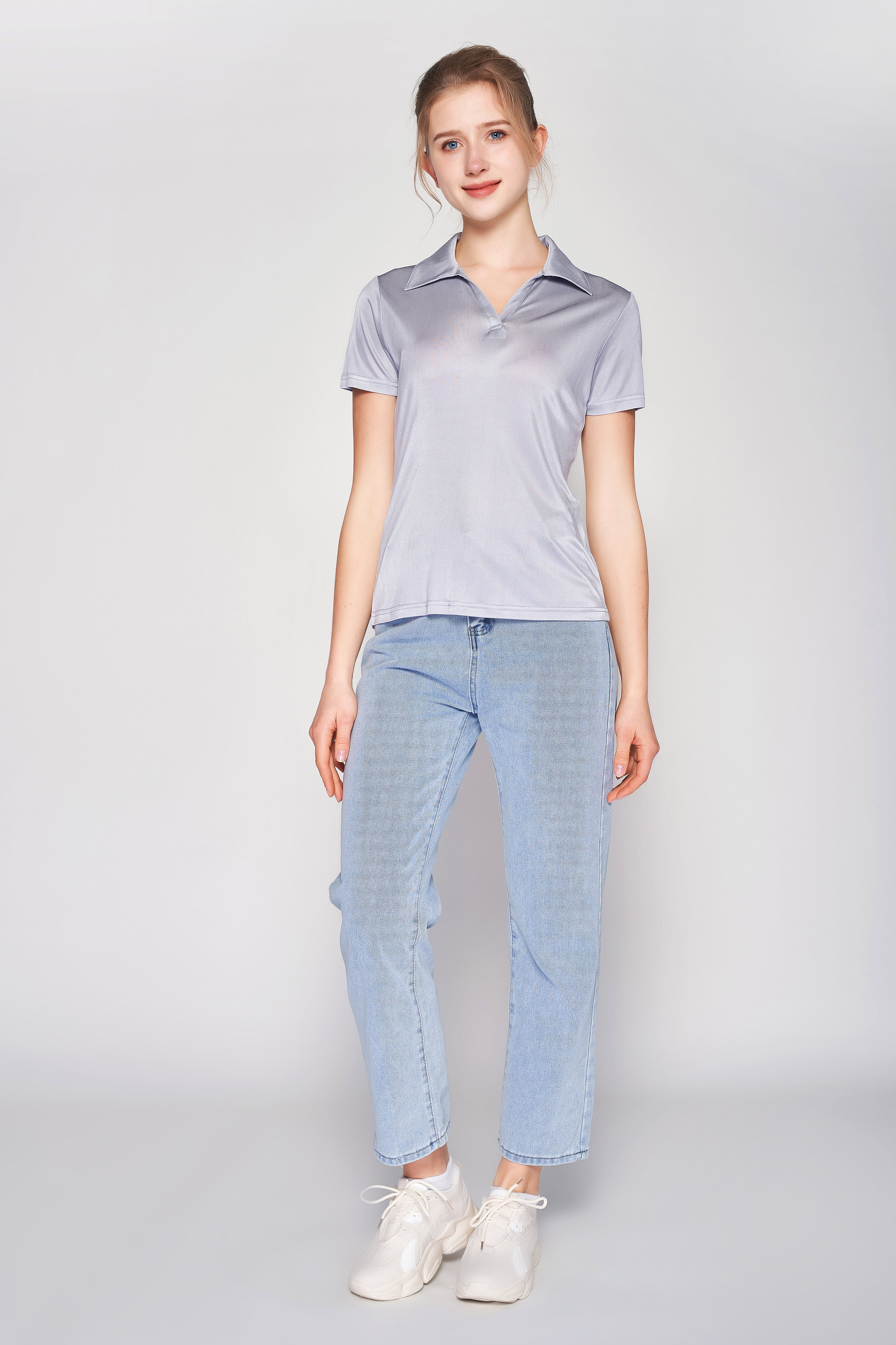 MULBERRY SILK POLO T SHIRT FOR WOMEN - GREY