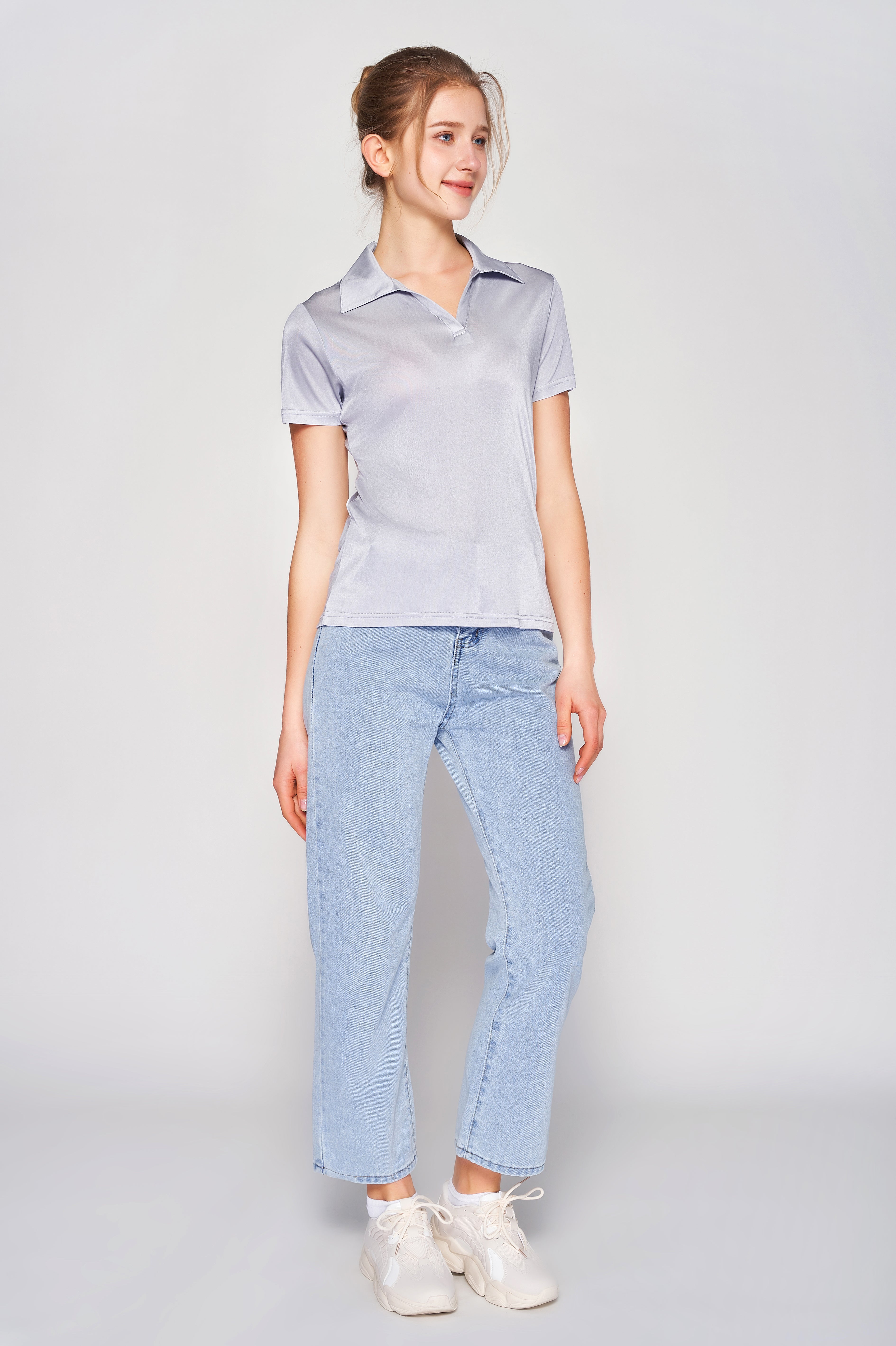 MULBERRY SILK POLO T SHIRT FOR WOMEN - GREY