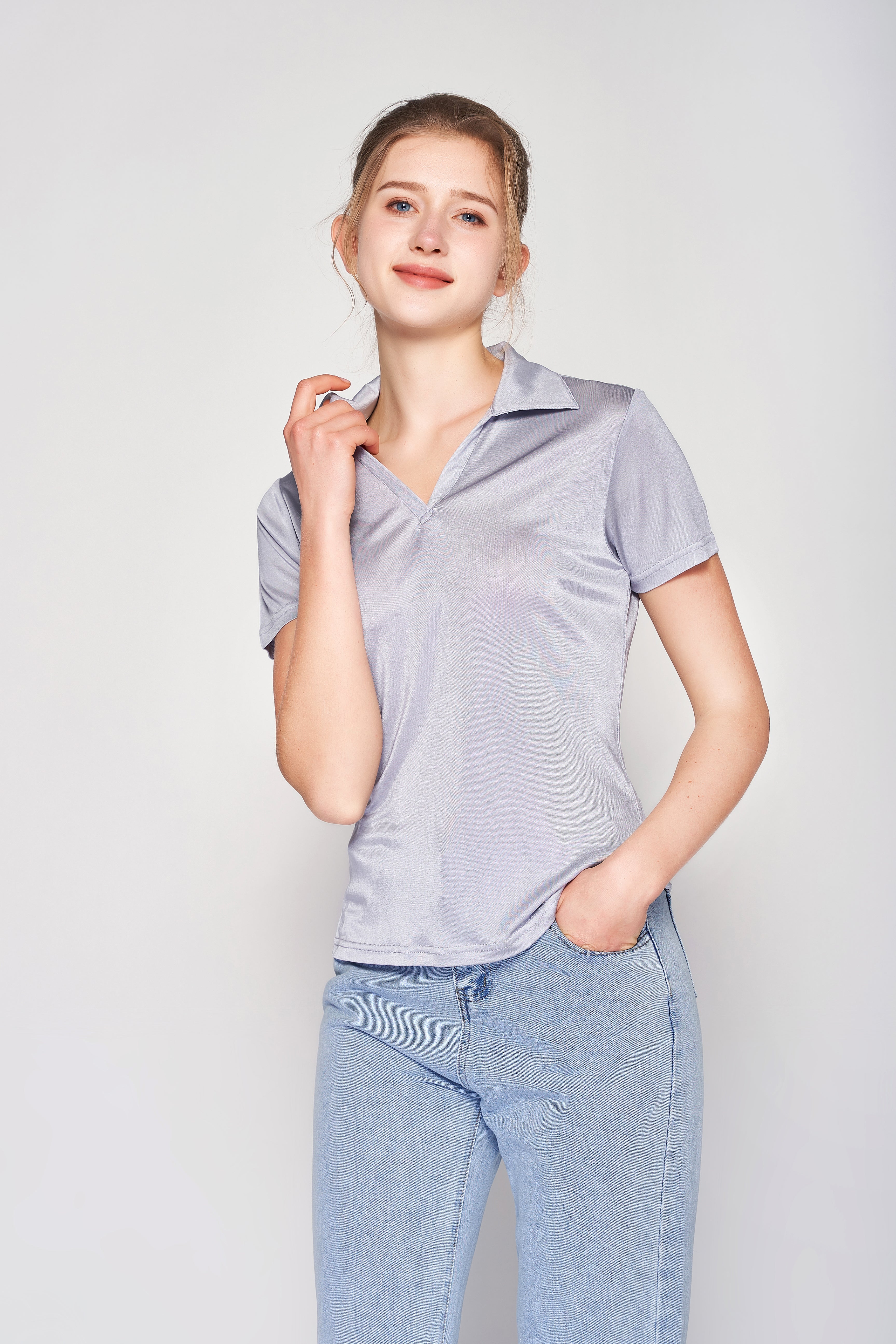MULBERRY SILK POLO T SHIRT FOR WOMEN - GREY