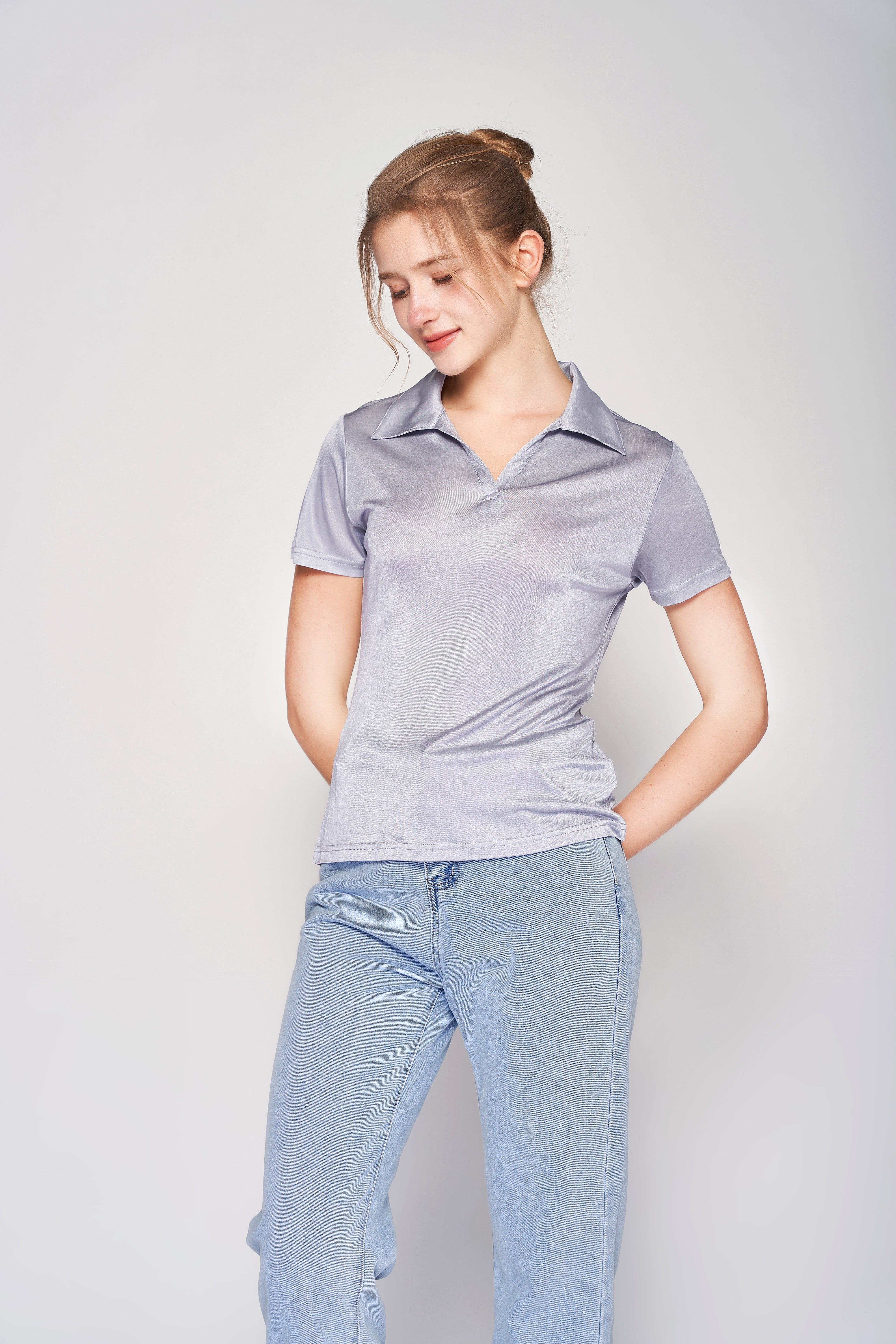 MULBERRY SILK POLO T SHIRT FOR WOMEN - GREY