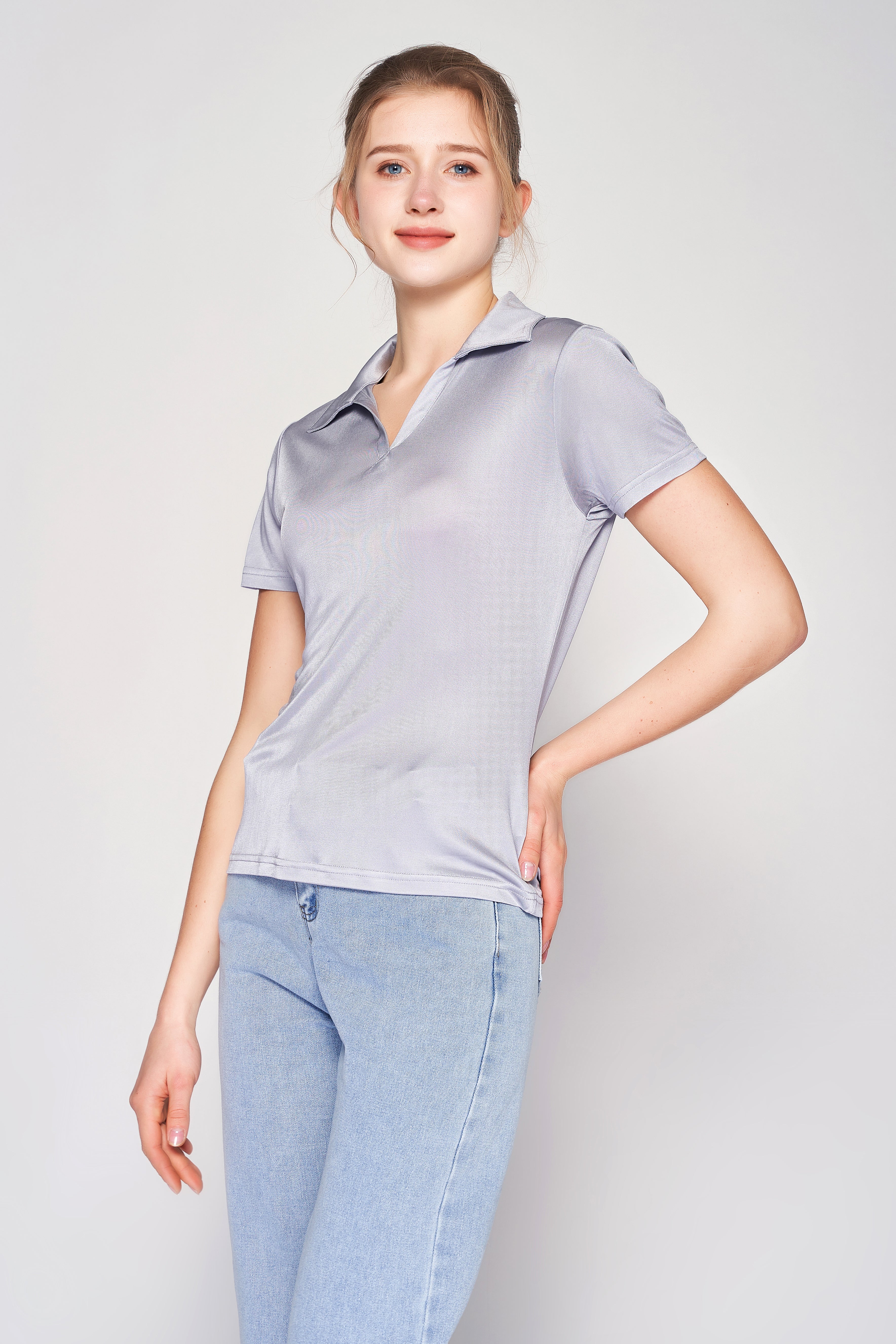 MULBERRY SILK POLO T SHIRT FOR WOMEN - GREY