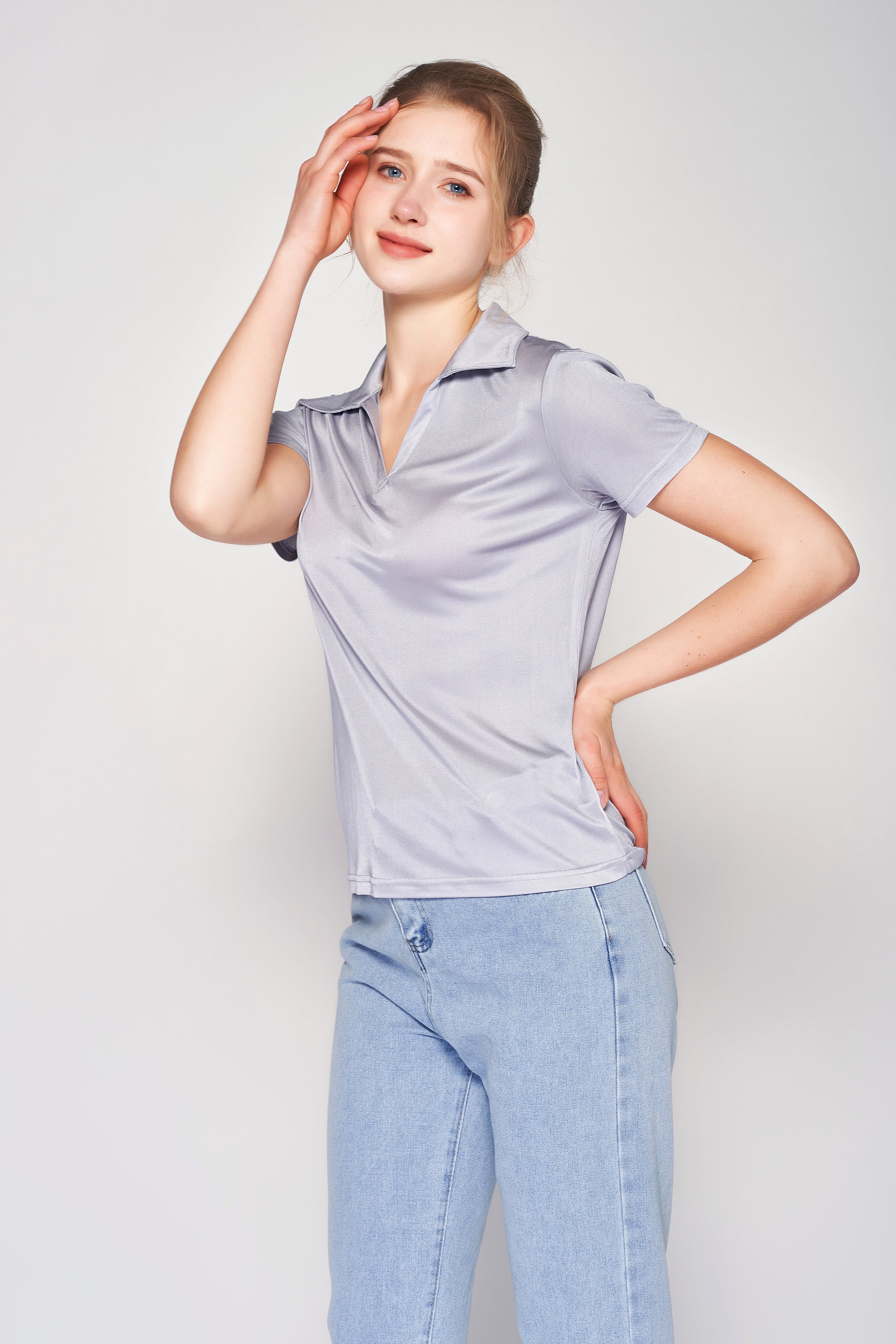 MULBERRY SILK POLO T SHIRT FOR WOMEN - GREY