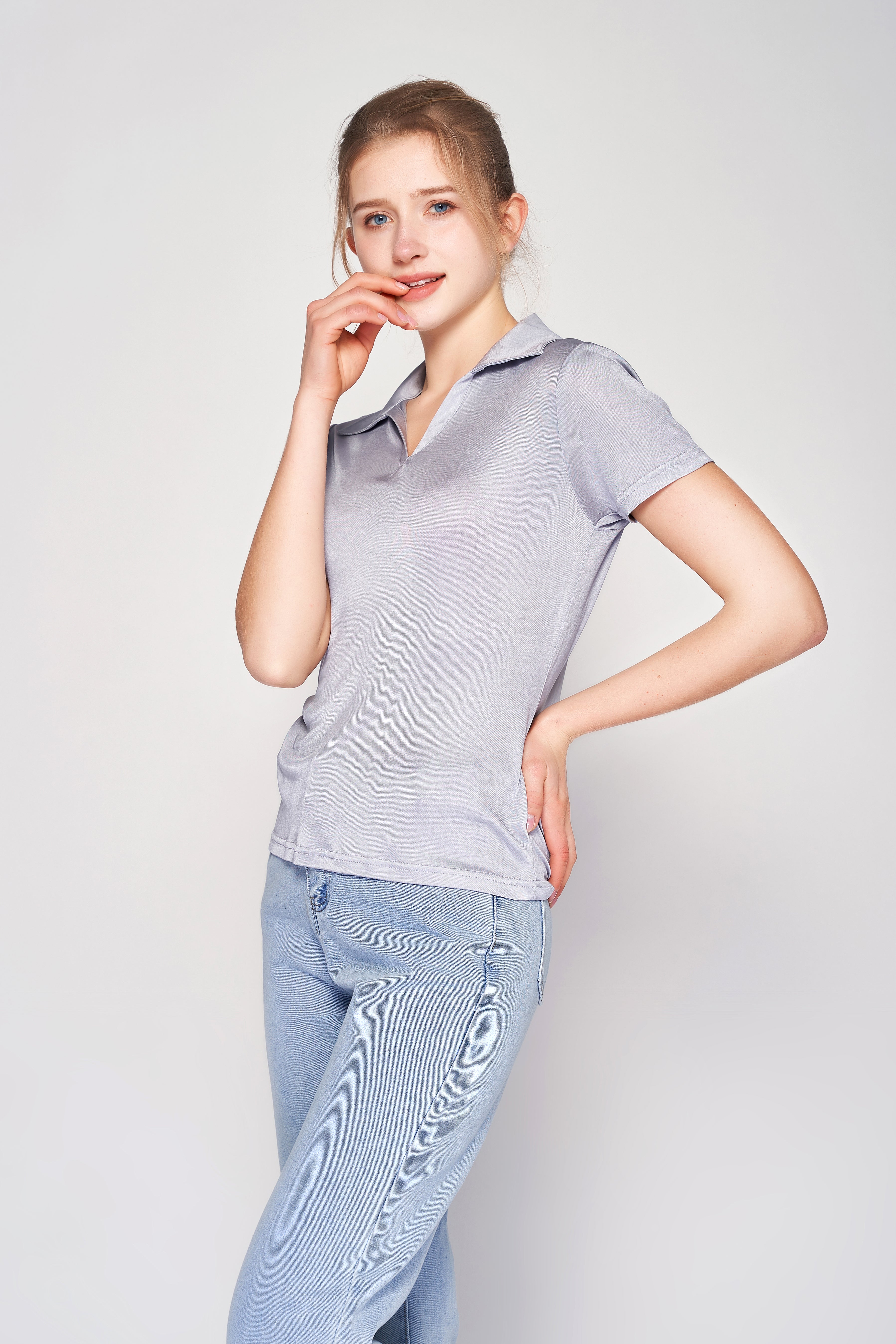 MULBERRY SILK POLO T SHIRT FOR WOMEN - GREY