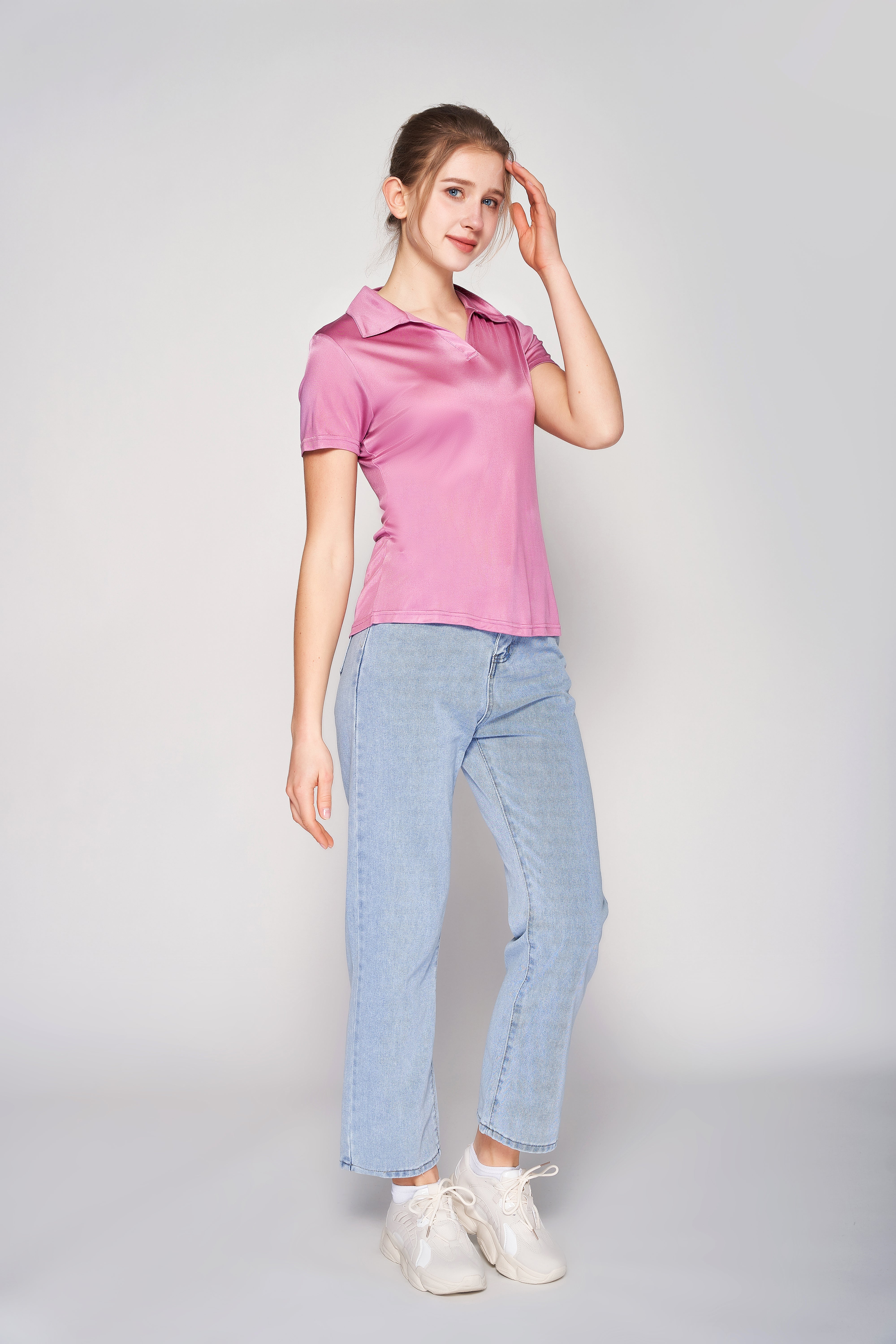 MULBERRY SILK POLO T SHIRT FOR WOMEN - ROSE PINK