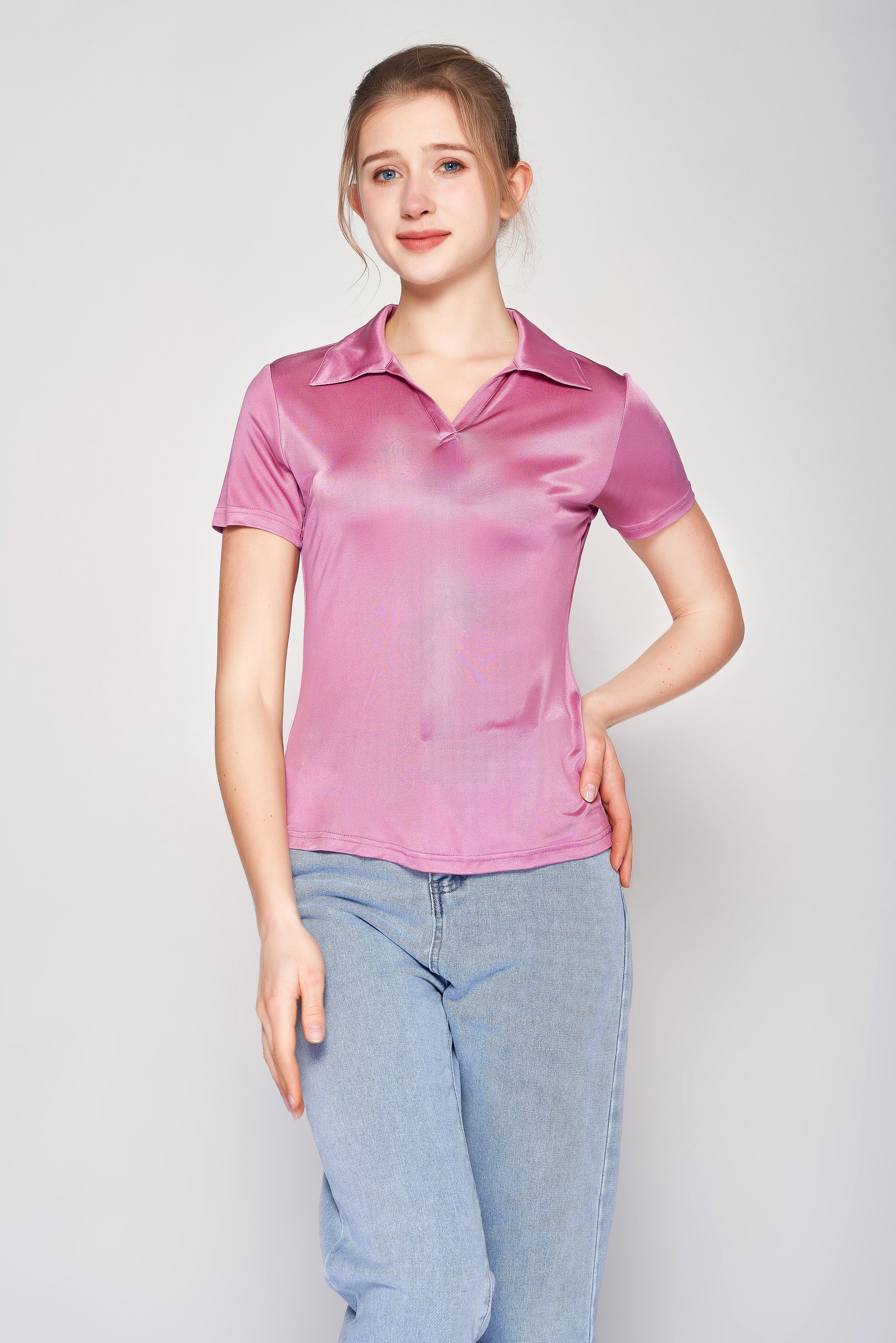 MULBERRY SILK POLO T SHIRT FOR WOMEN - ROSE PINK
