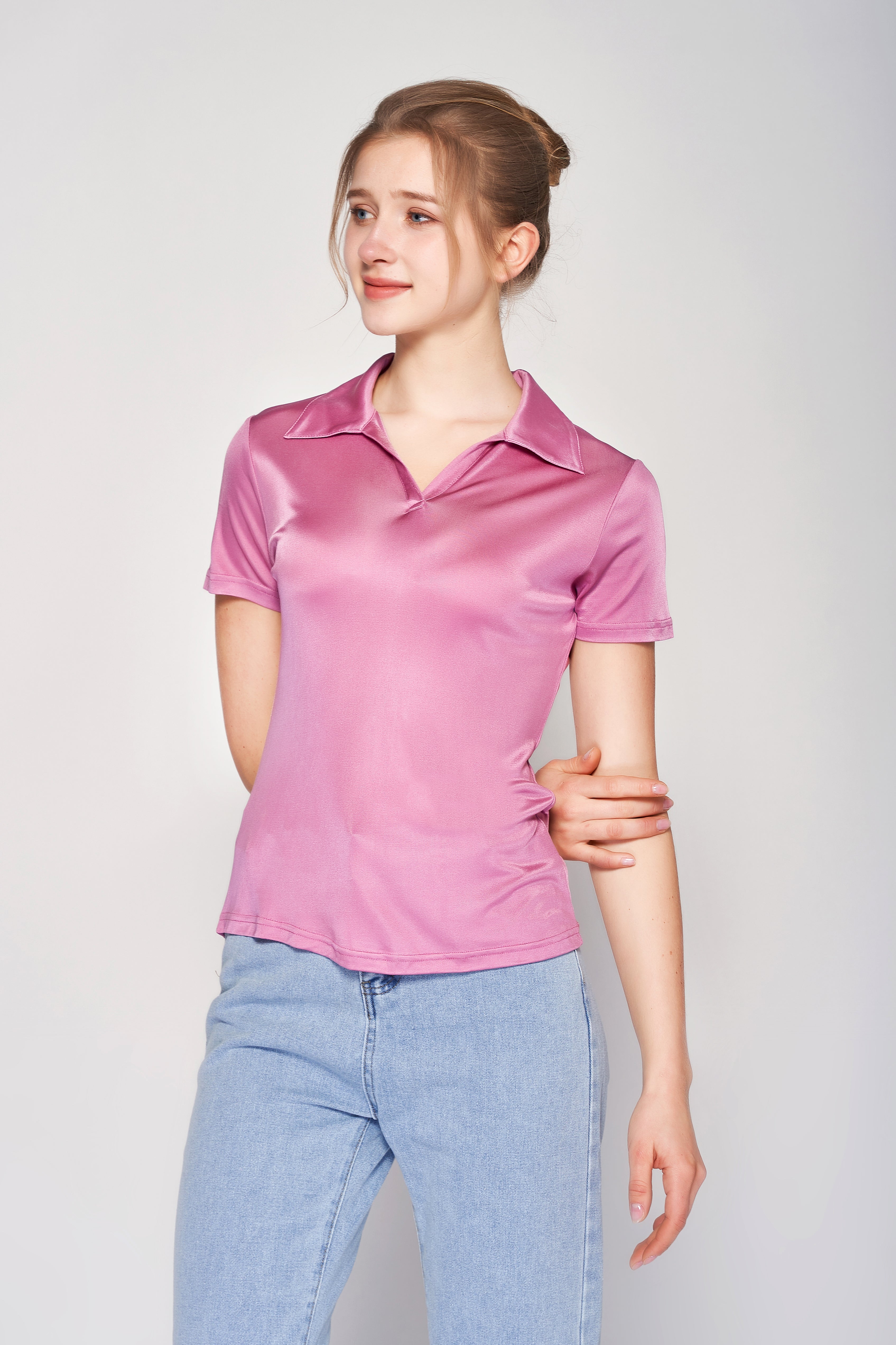 MULBERRY SILK POLO T SHIRT FOR WOMEN - ROSE PINK