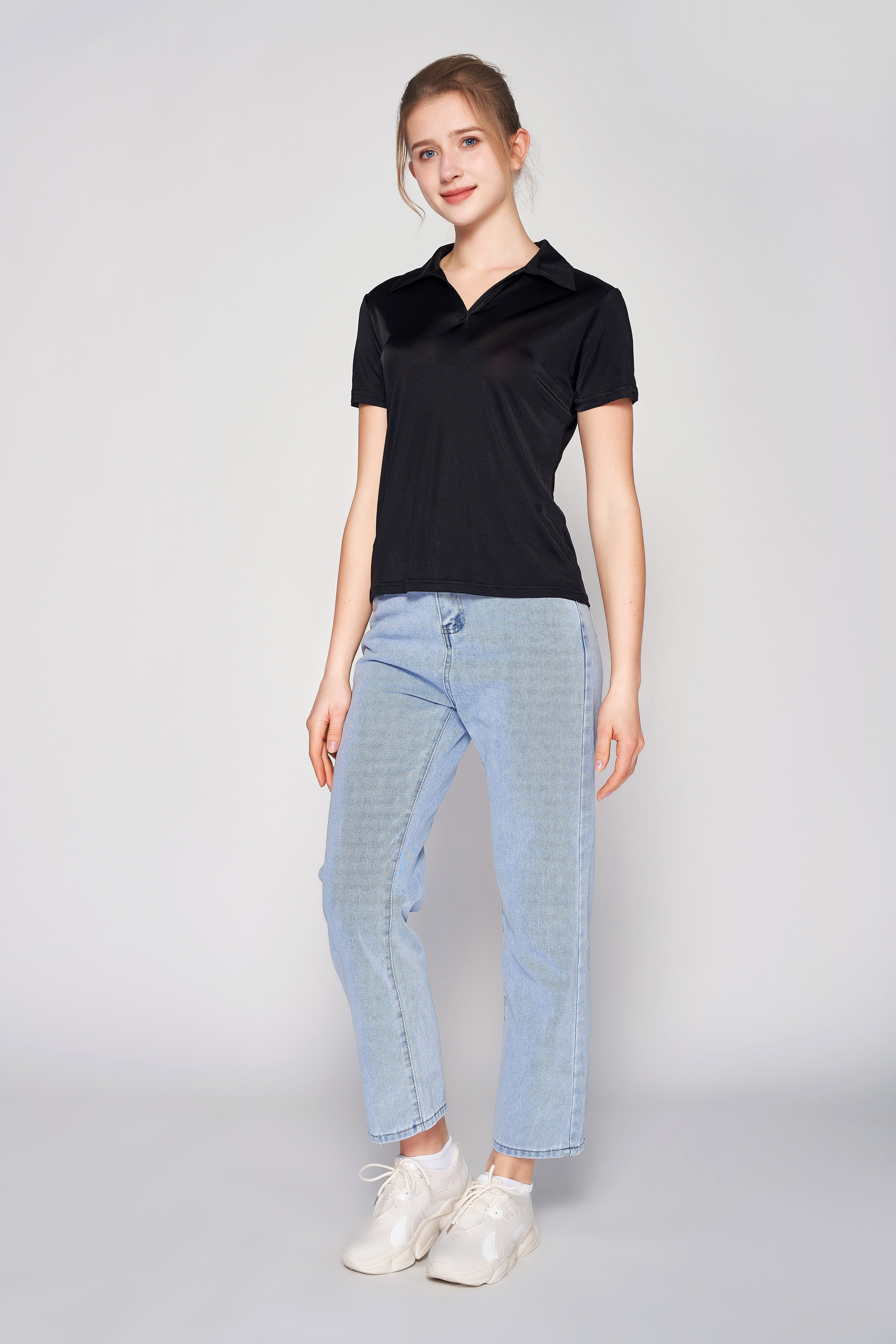 MULBERRY SILK POLO T SHIRT FOR WOMEN - BLACK