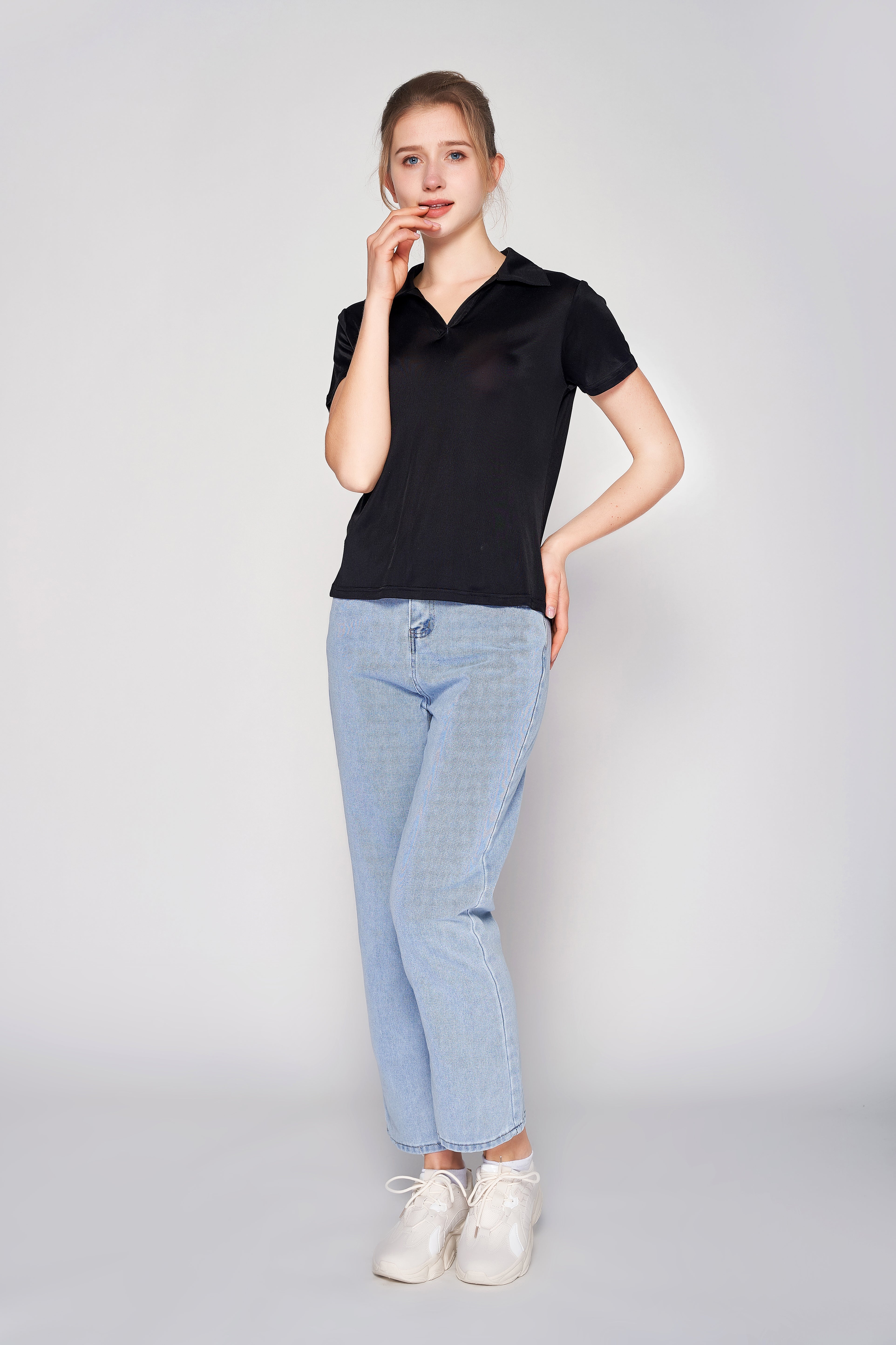 MULBERRY SILK POLO T SHIRT FOR WOMEN - BLACK