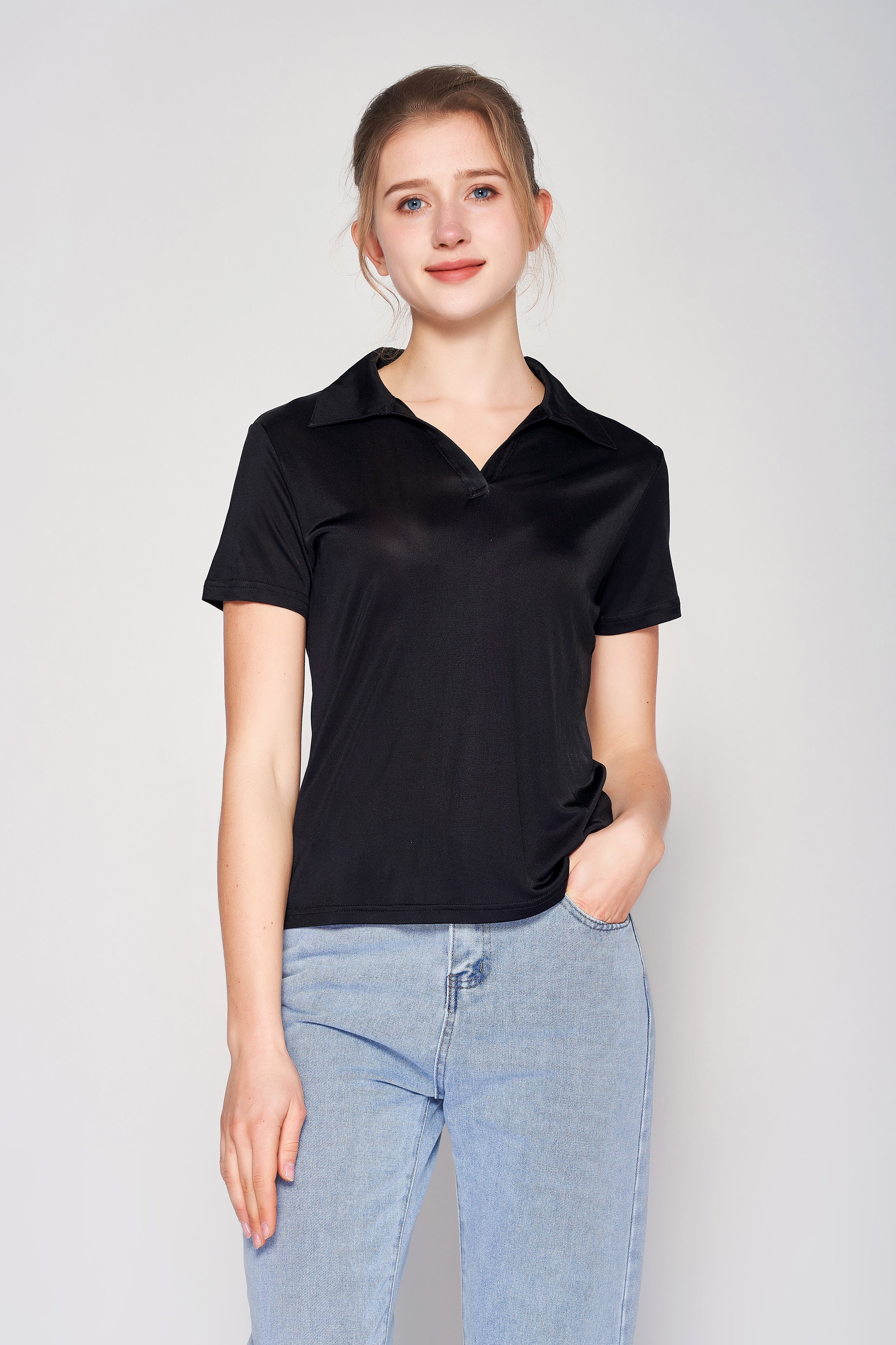 MULBERRY SILK POLO T SHIRT FOR WOMEN - BLACK