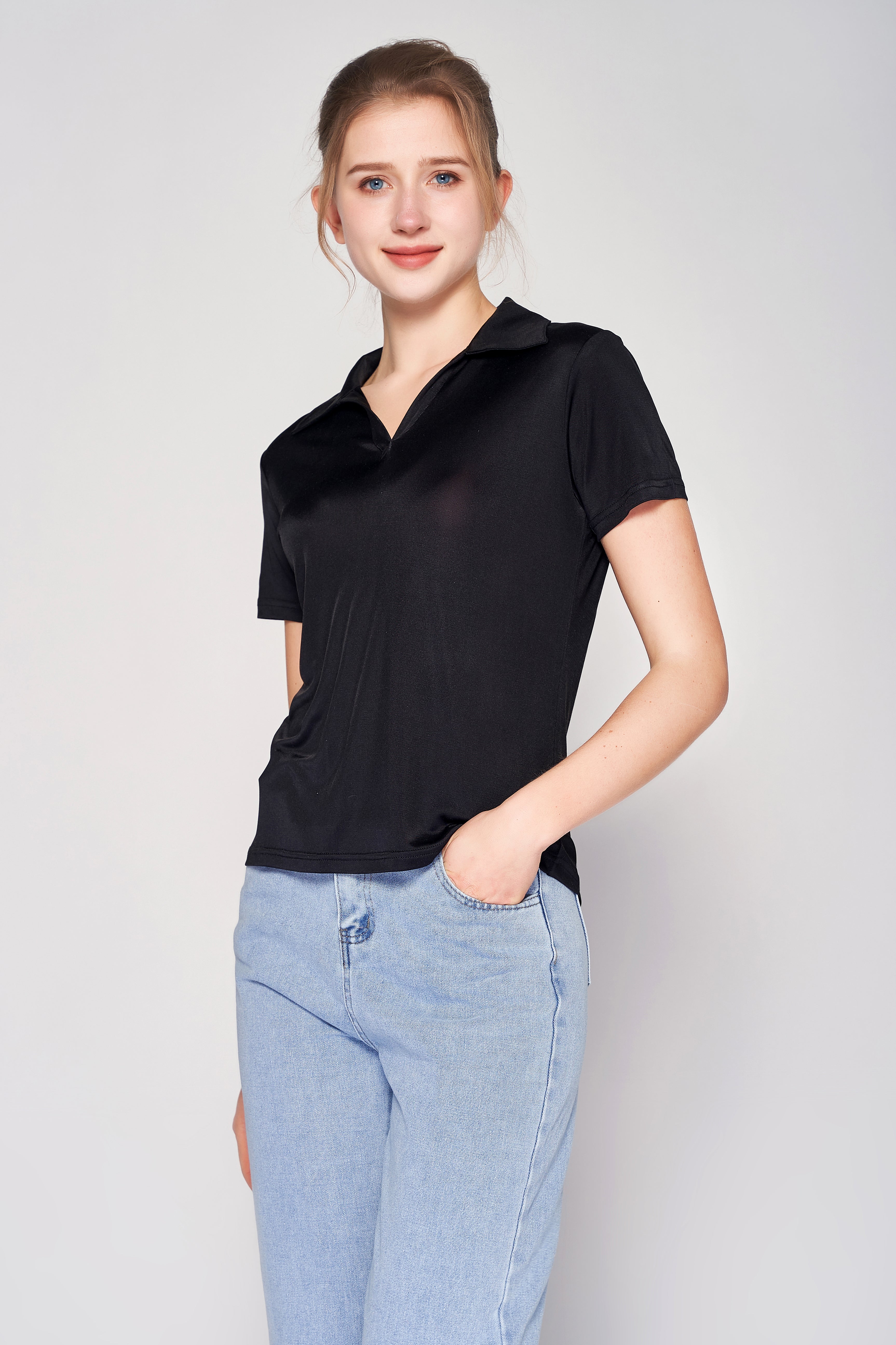 MULBERRY SILK POLO T SHIRT FOR WOMEN - BLACK