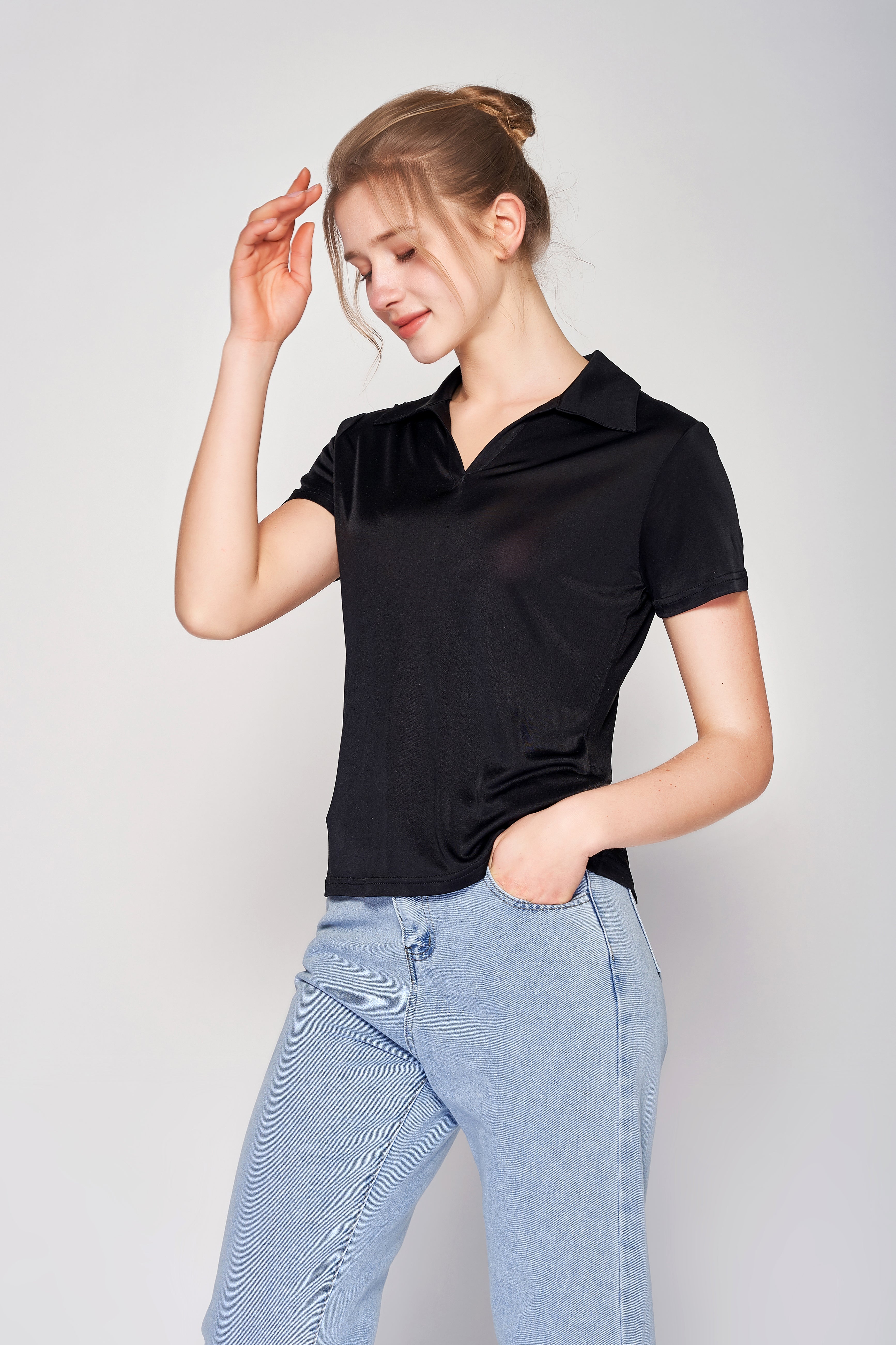 MULBERRY SILK POLO T SHIRT FOR WOMEN - BLACK