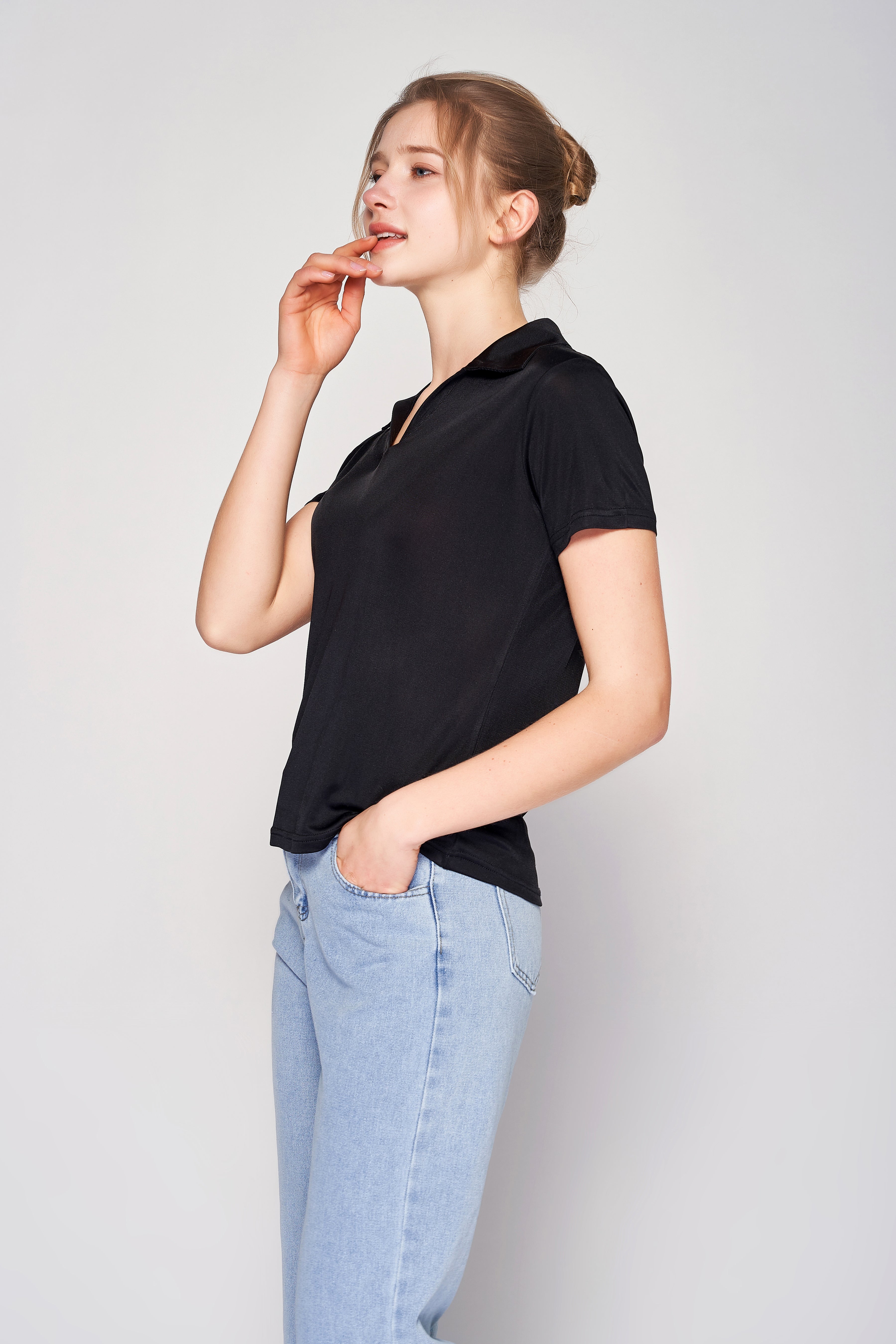 MULBERRY SILK POLO T SHIRT FOR WOMEN - BLACK
