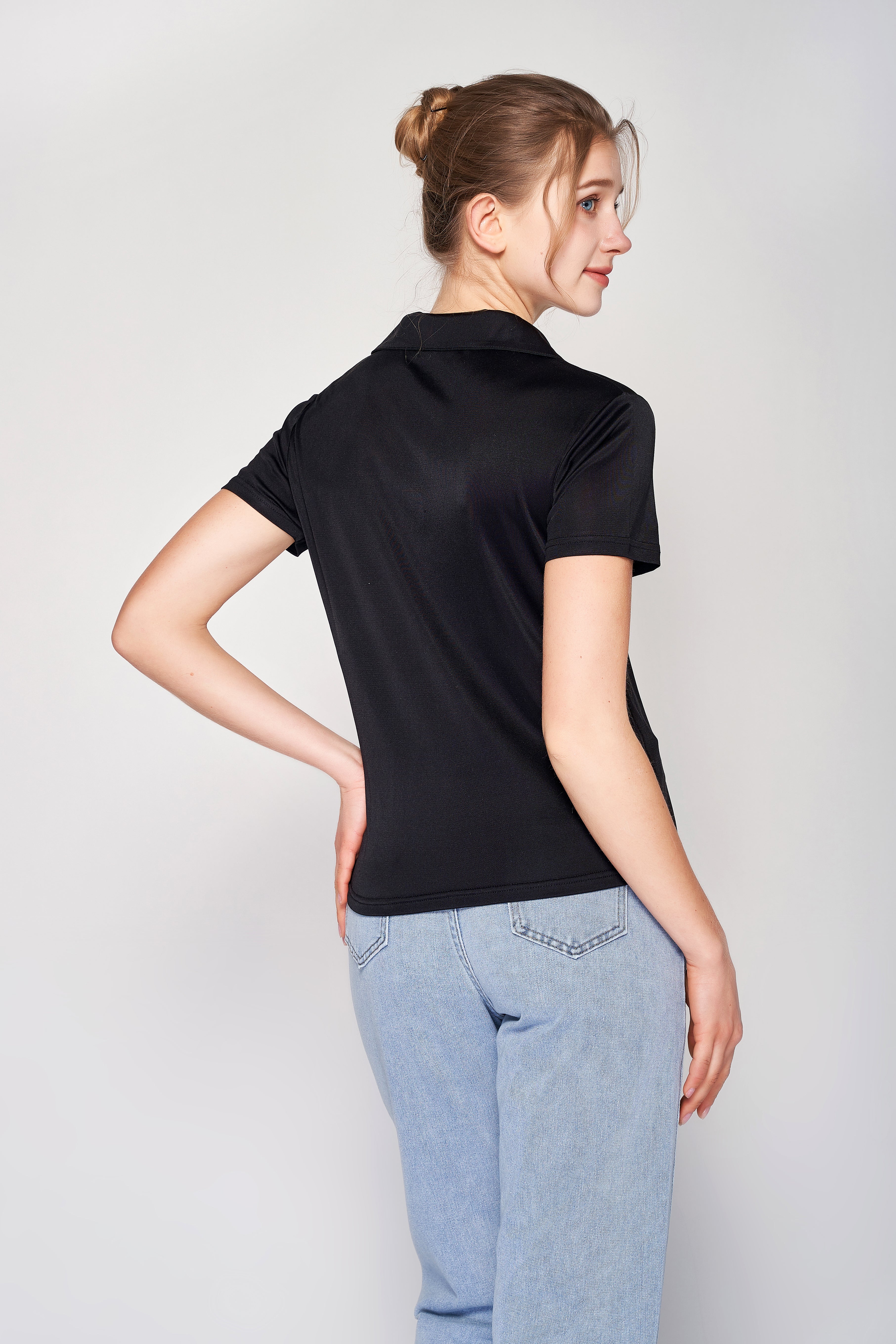 MULBERRY SILK POLO T SHIRT FOR WOMEN - BLACK