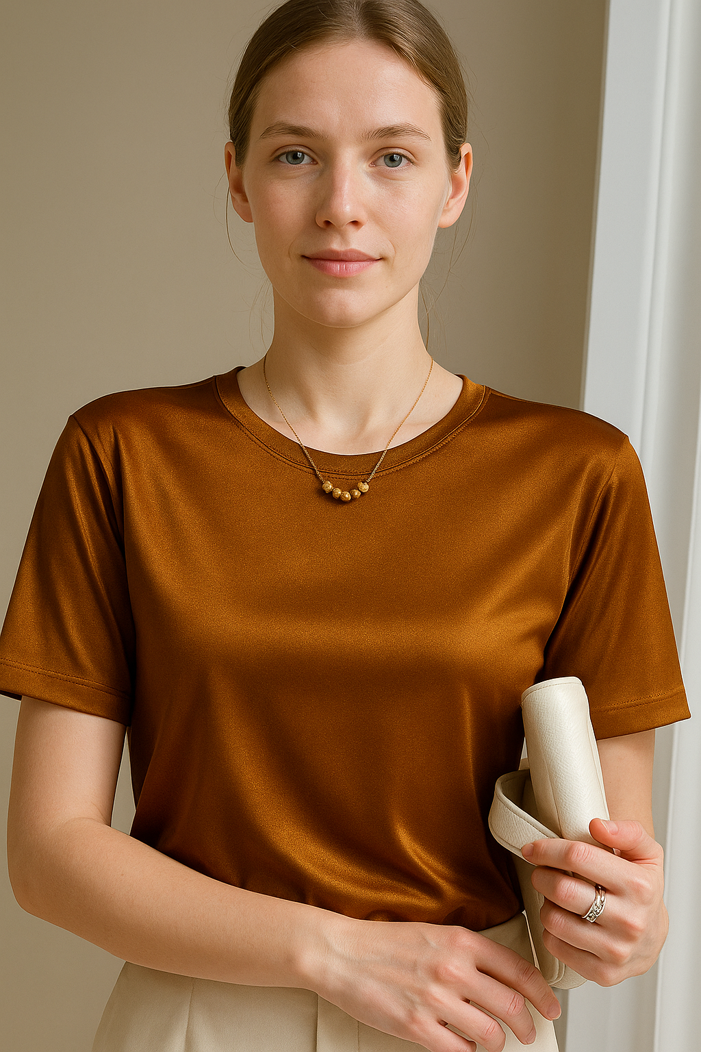 100 % ORGANIC MULBERRY SILK TRI-ACETATE WRINKLE FREE ROUND NECK TEE - CARAMEL BROWN