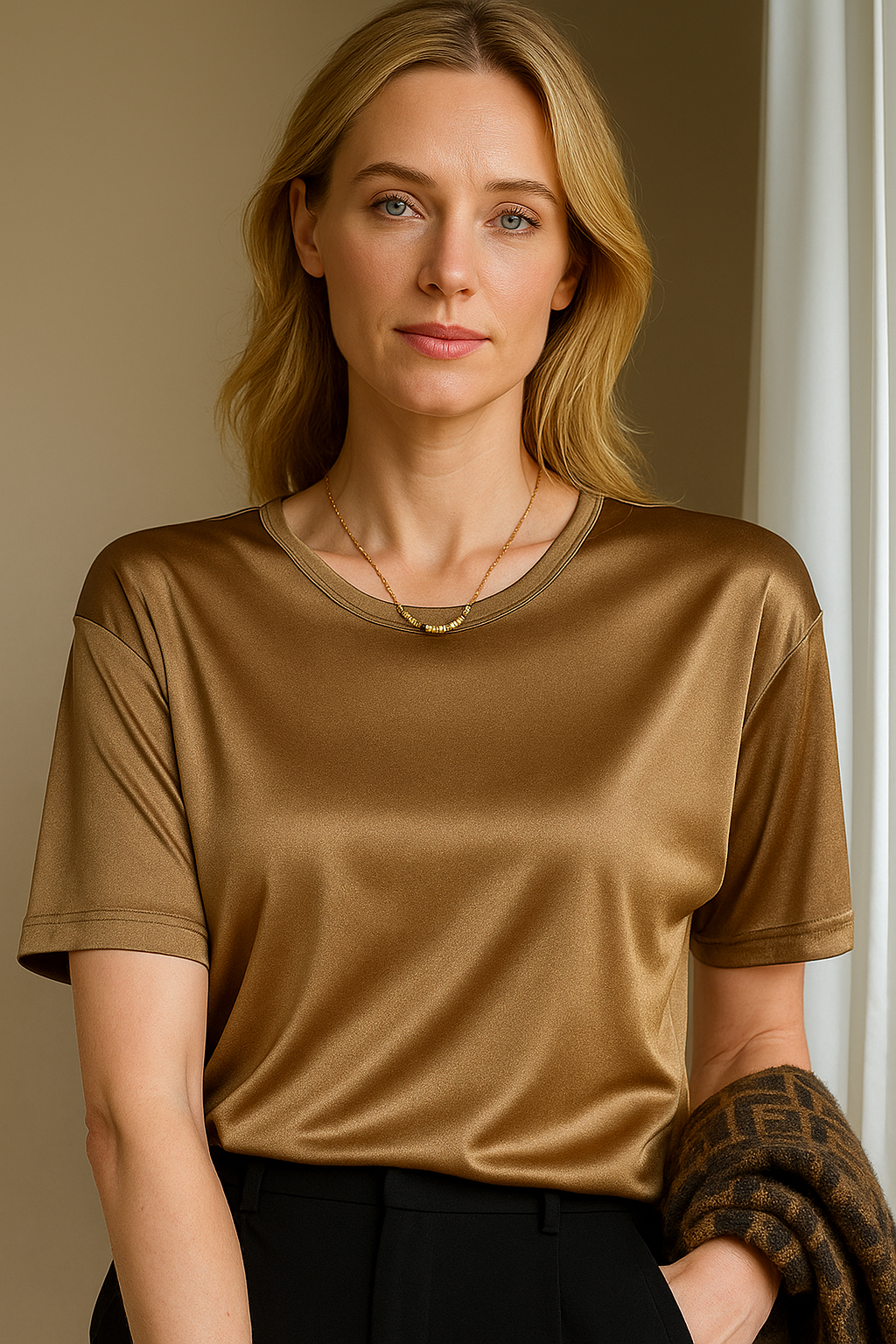 100 % ORGANIC MULBERRY SILK TRI-ACETATE WRINKLE FREE ROUND NECK TEE - KHAKI